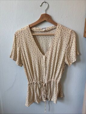 Frank & Oak Beige Polka Dot Button-Front Tie-Waist Blouse